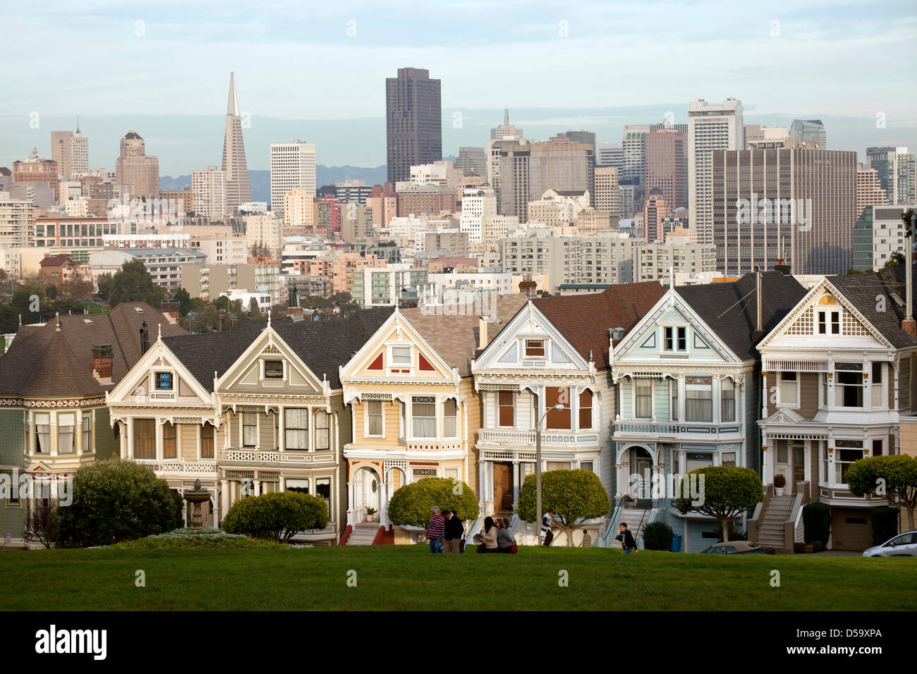 victorian houses Painted Ladies at Alamo Square and the Skyline of San Francisco, California, United States of America, USA Stock Photo