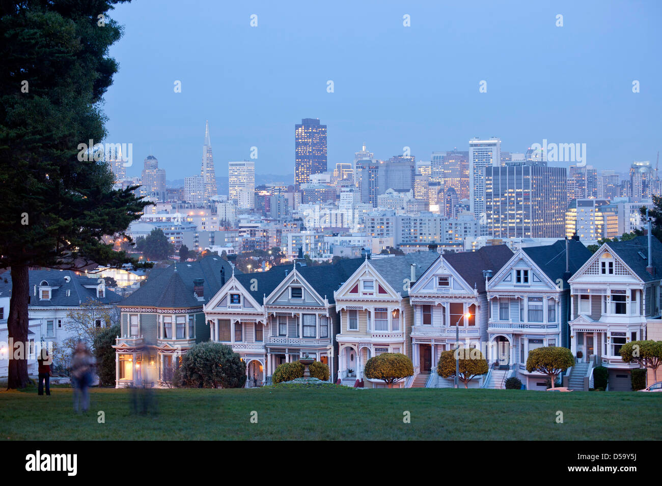 Victorian houses Painted Ladies at Alamo Square and the Skyline of San Francisco at night, California, Stock Photo