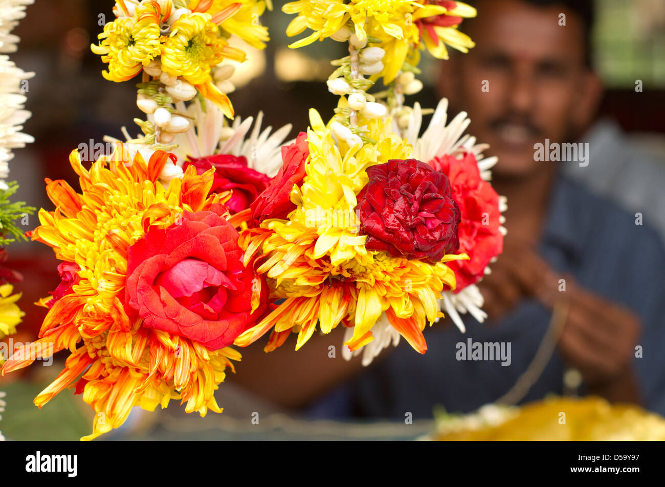 flower offerings outside a hindu temple. Photo is taken at Batu caves of Malaysia. Stock Photo