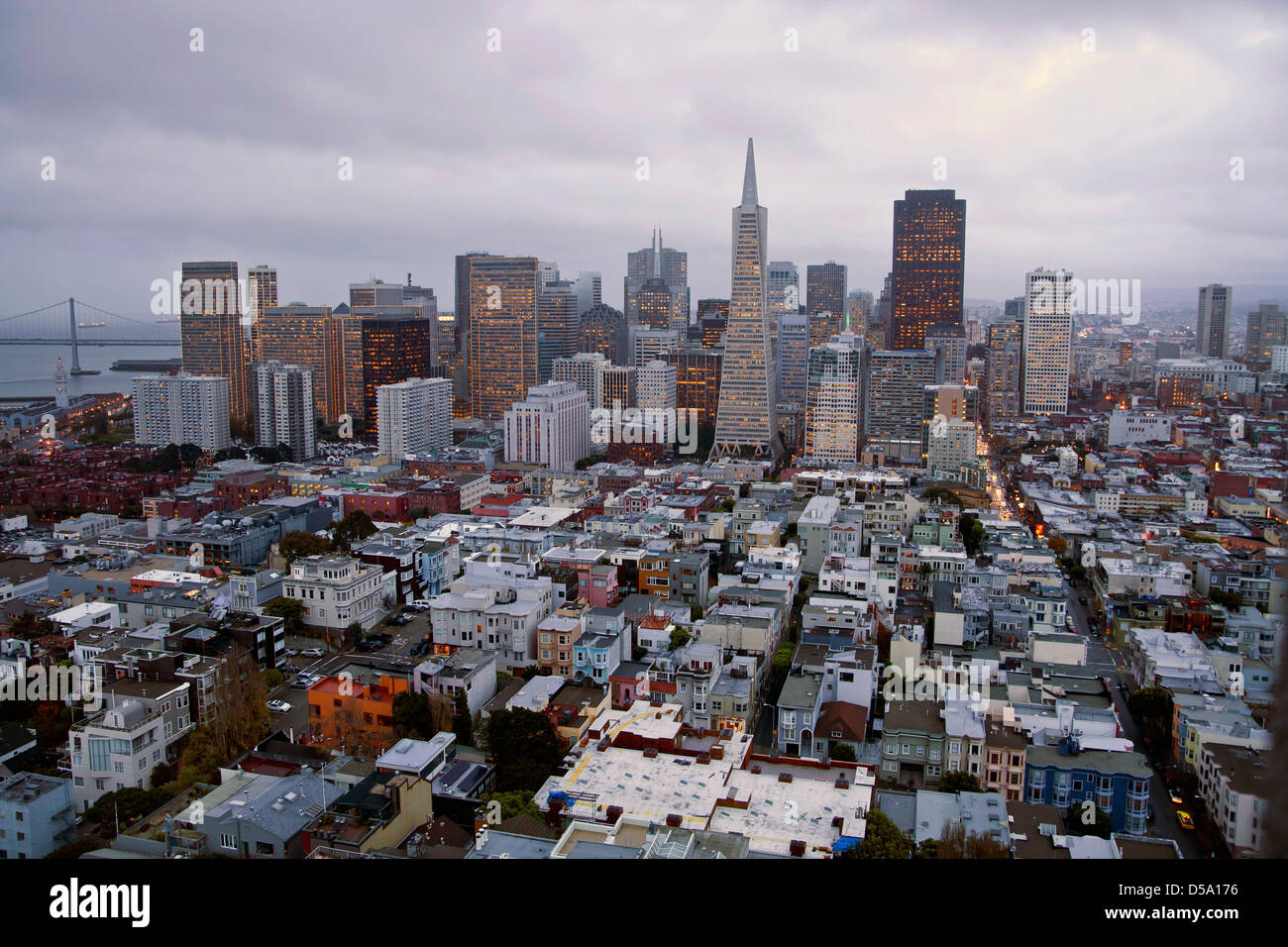 Downtown San Francisco Skyline seen from Coit Tower, California, United States of America, USA Stock Photo