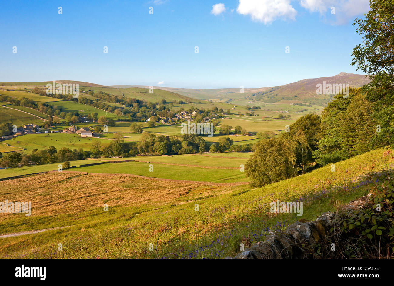 Looking across Wharfedale to the village of Appletreewick, Yorkshire dales UK Stock Photo