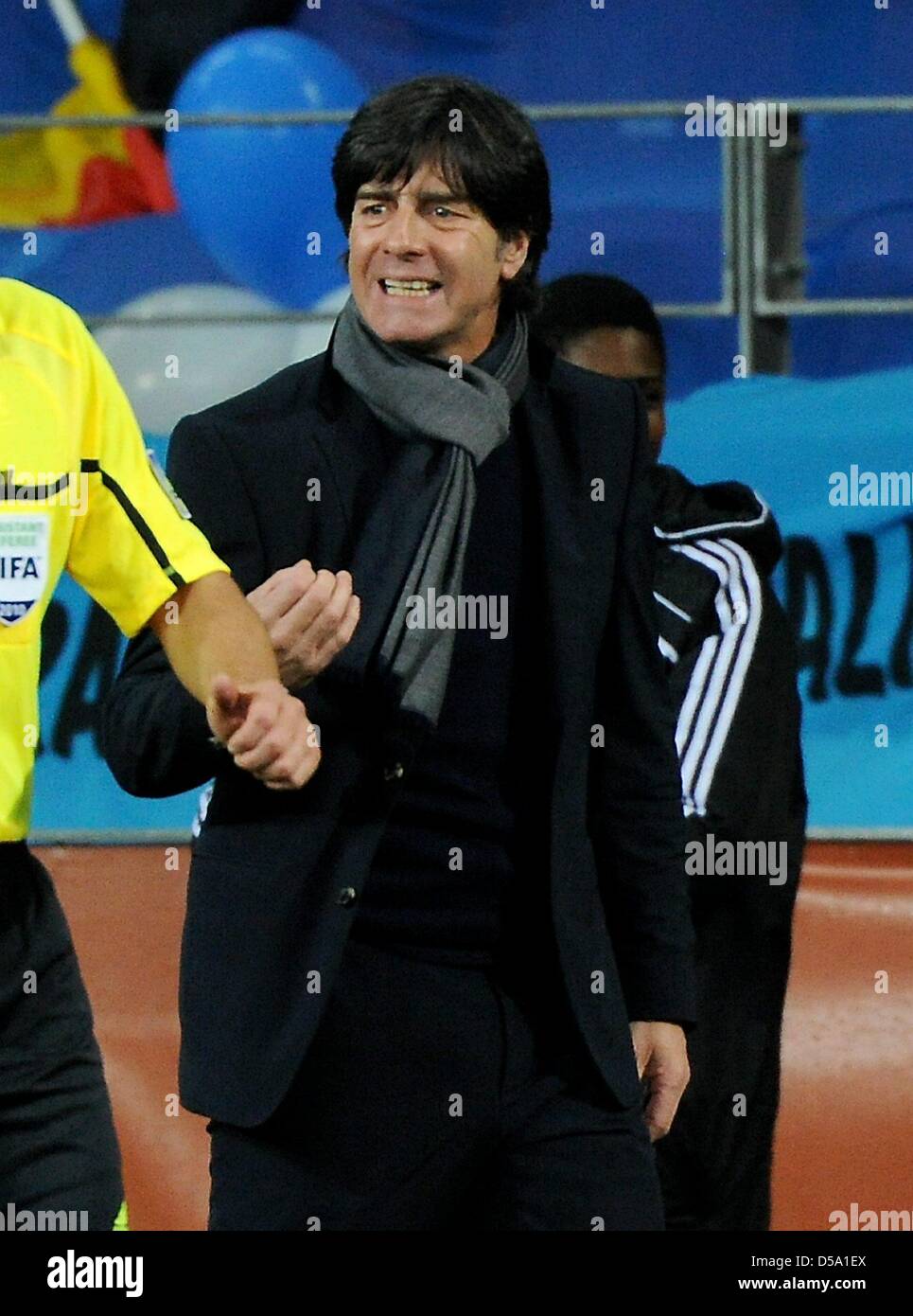 German coach Joachim Loew gestures during the 2010 FIFA World Cup third place match between Uruguay and Germany at the Nelson Mandela Bay Stadium in Port Elizabeth, South Africa 10 July 2010. Germany won 3:2. Photo: Marcus Brandt dpa - Please refer to http://dpaq.de/FIFA-WM2010-TC Stock Photo