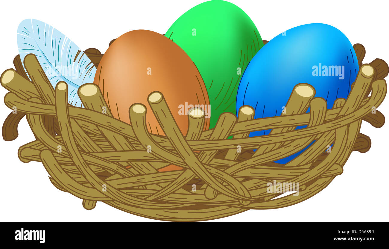 three colored eggs lie in a nest Easter illustration Stock Photo - Alamy