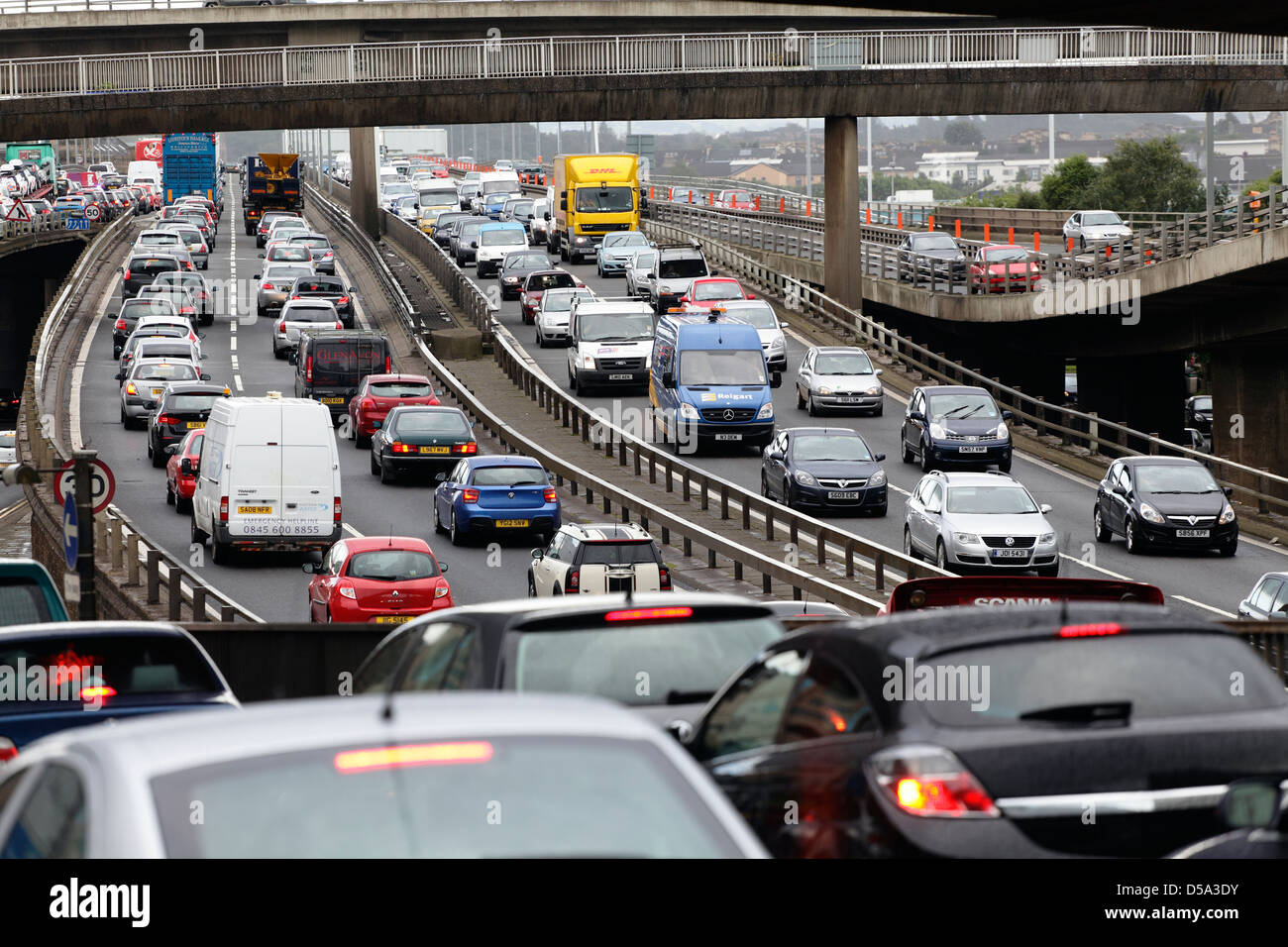 A traffic jam on the M8 Motorway and Kingston Bridge approach roads in Glasgow city centre, Scotland, UK Stock Photo