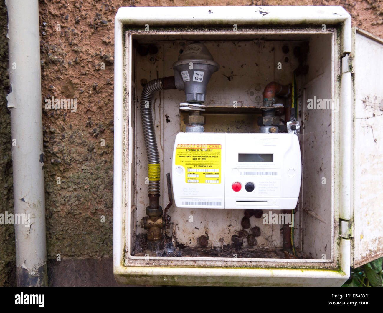 Gas meter box on house exterior. Stock Photo