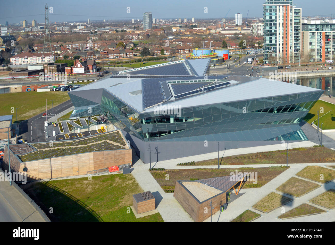 Aerial view Crystal modern building with education displays & exhibition on sustainable city development by Siemens business in East London England UK Stock Photo