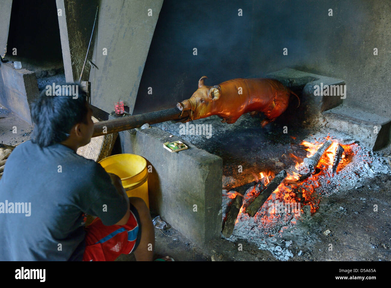 Asia, Indonesia, Bali, Central region, Ubud, pig on the spit said babi celik, Balinese specialty Stock Photo