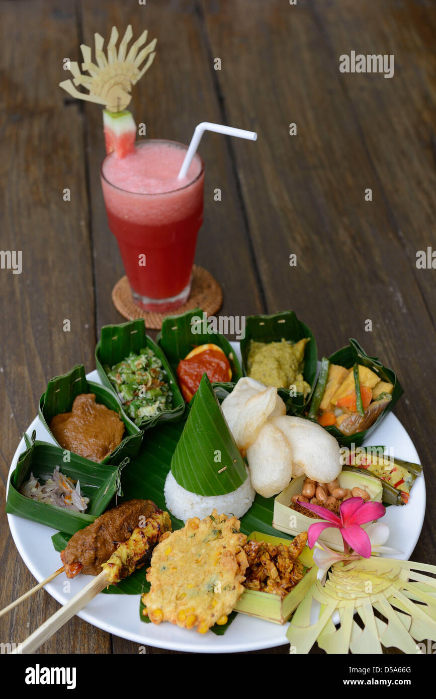 Indonesia, Bali, Ubud ,Restaurant Miro's garden, Balinese speciality Nasi Campur Stock Photo