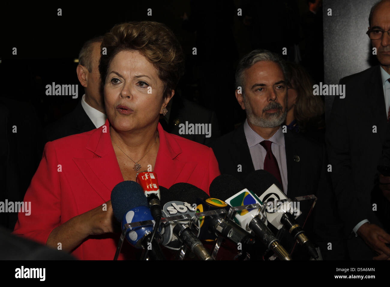 Durban, South Africa. 27th March, 2013. Brazilian president Dilma Rousseff gives an impromptu press conference after the completion of the Fifth Brics Summit in Durban. Picture Giordano Stolley Stock Photo