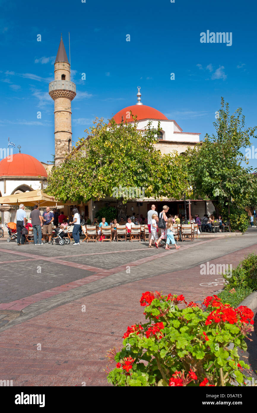 Mosque with minaret in the main square of Kos Town on the Greek island of Kos in the Dodecanese group Stock Photo