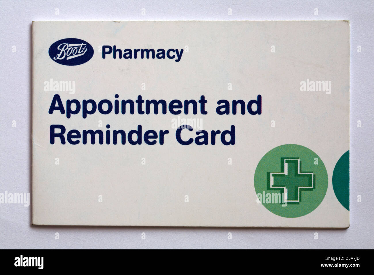 Boots Pharmacy appointment and reminder card isolated on white background Stock Photo