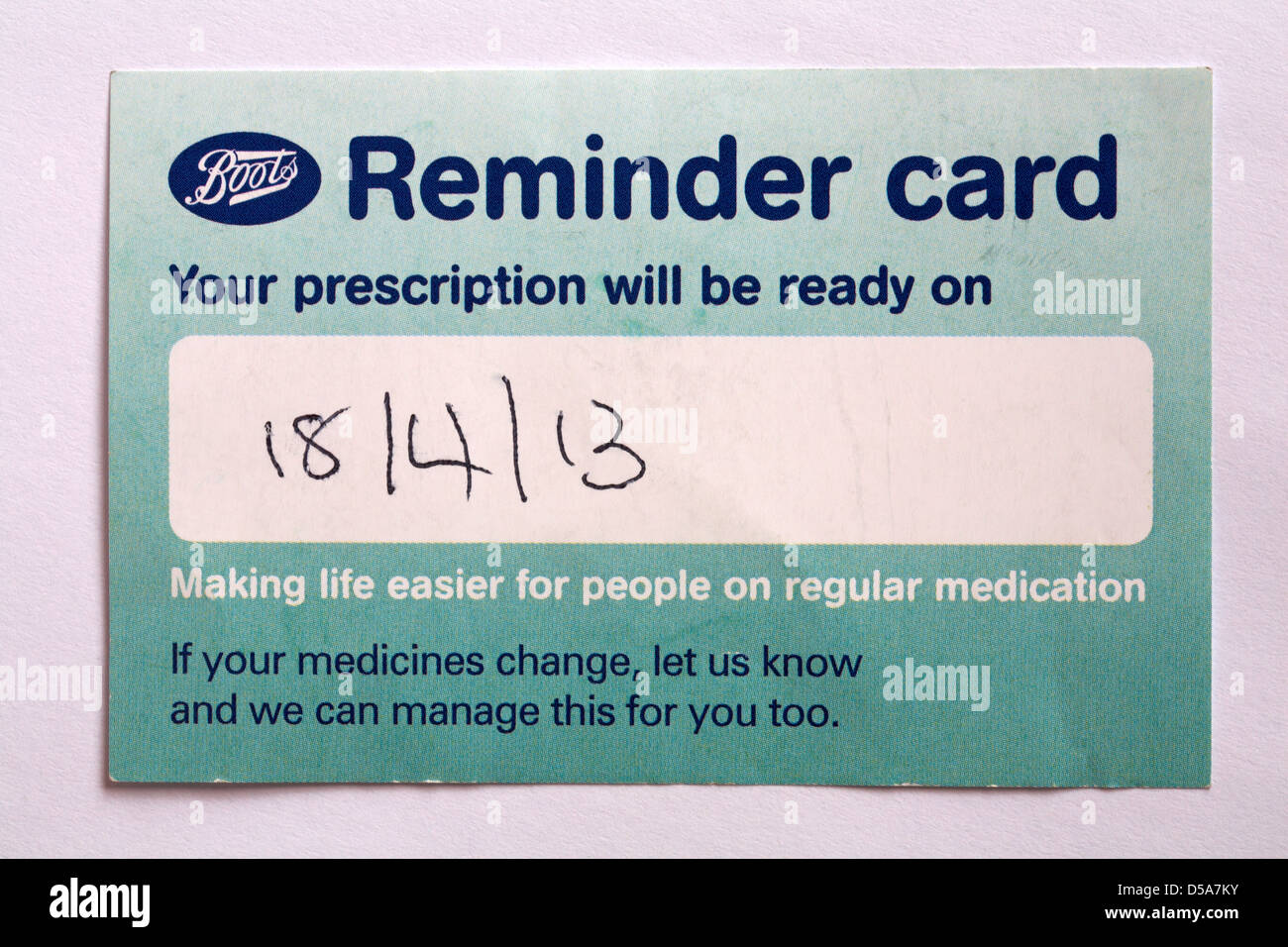 Boots prescription reminder card isolated on white background Stock