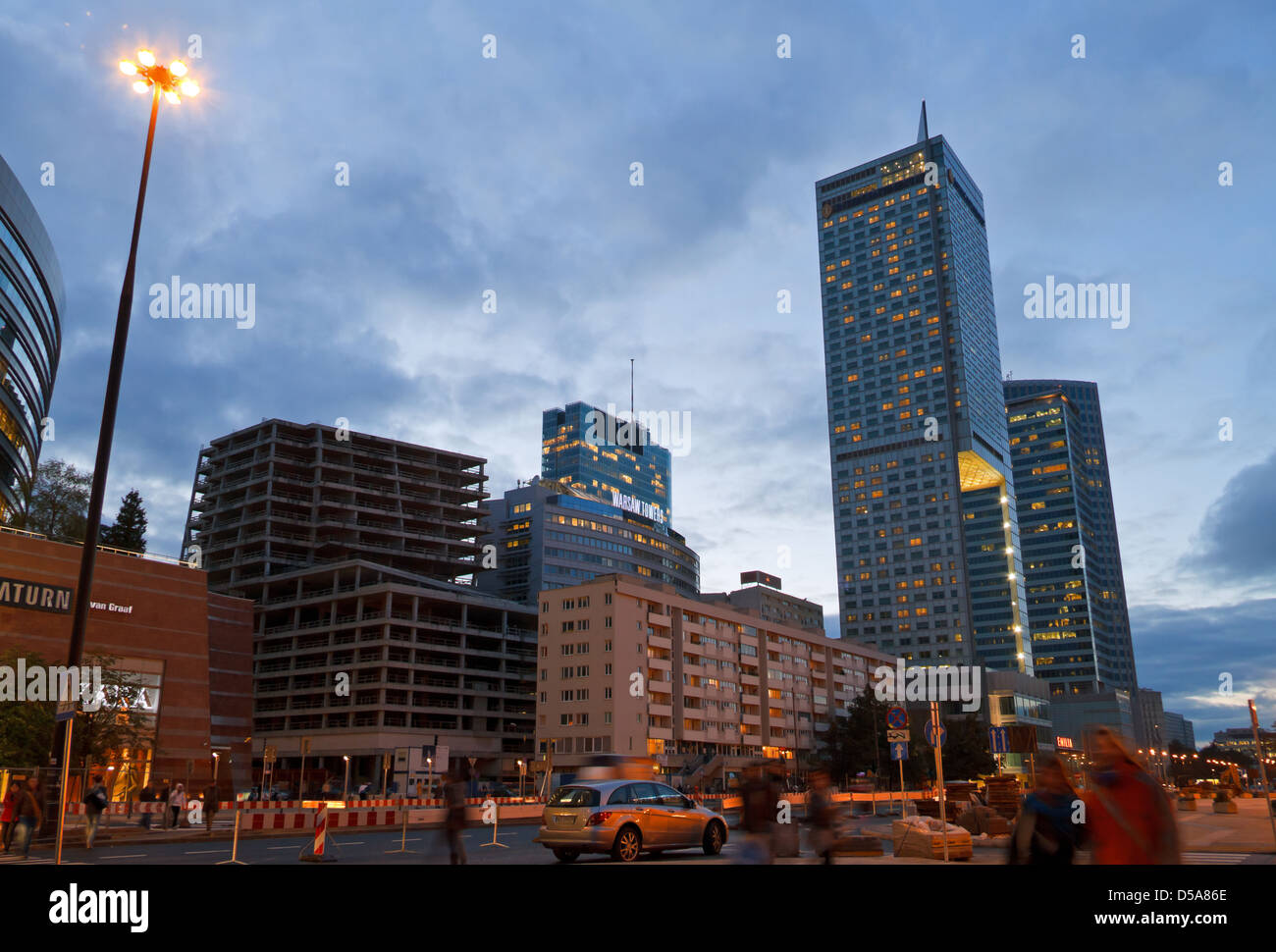 Warsaw, Poland, an overview of the city center in the evening Ulica Emilii Plater Stock Photo