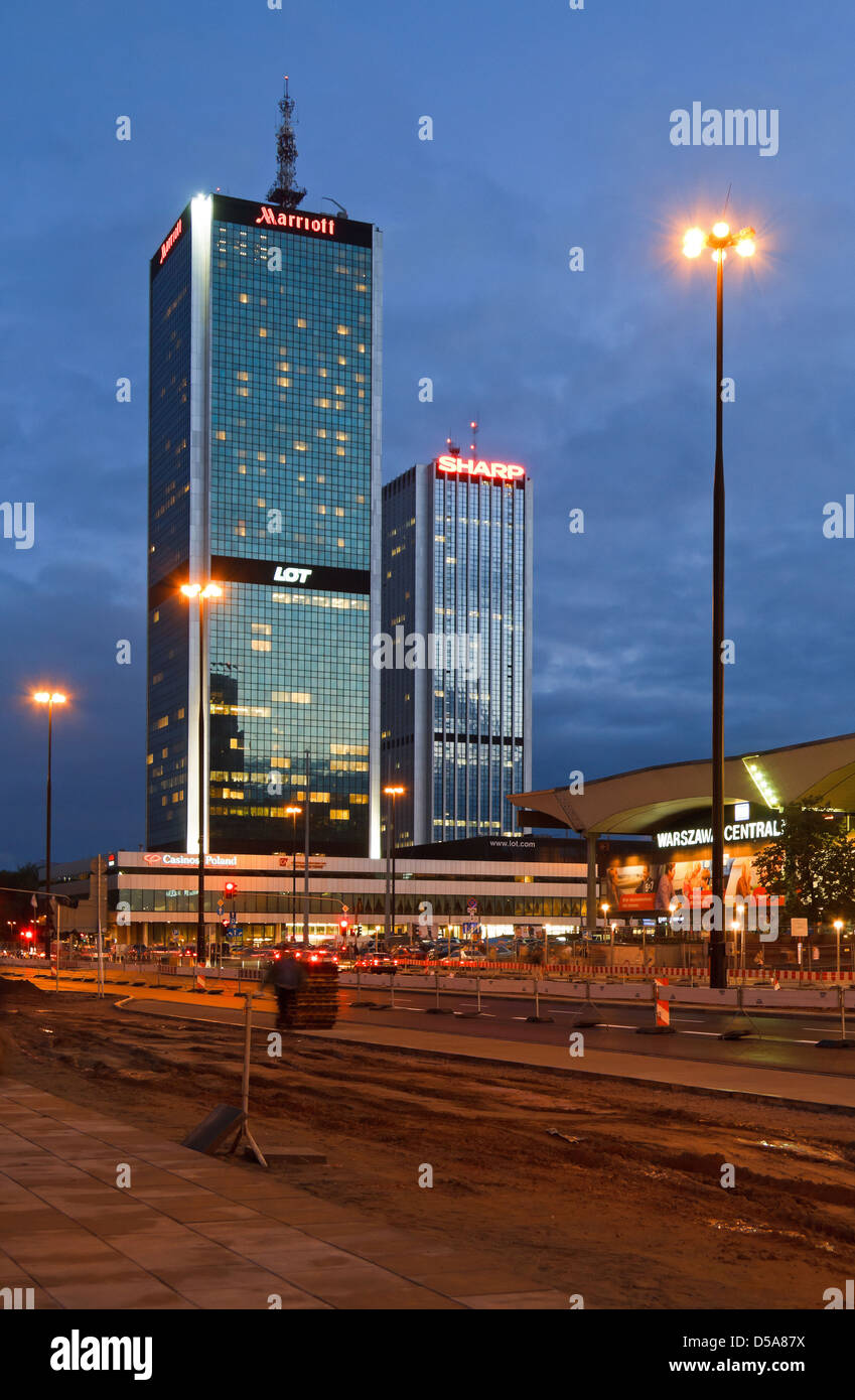 Warsaw, Poland, Marriott hotel and the main train station in the evening Stock Photo