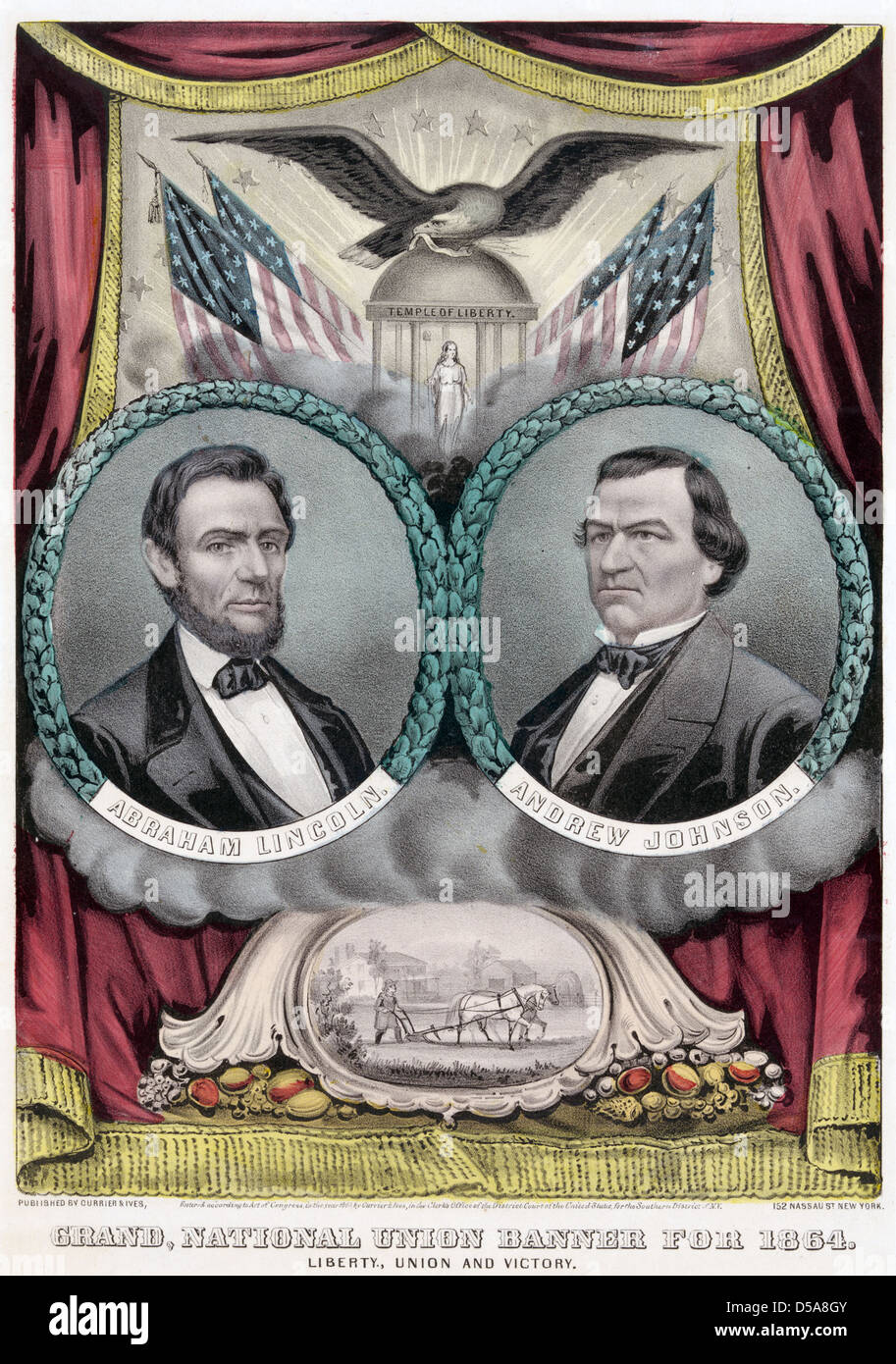 ABRAHAM LINCOLN at left with Andrew Johnson on the Republican presidential ticket for 1864 as engraved by Currier and Ives. Stock Photo