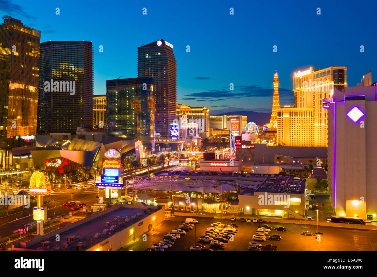 Las Vegas Strip Illuminated at night by Neon signs, Las Vegas Boulevard South, The Strip, Las Vegas, Nevada, USA Stock Photo