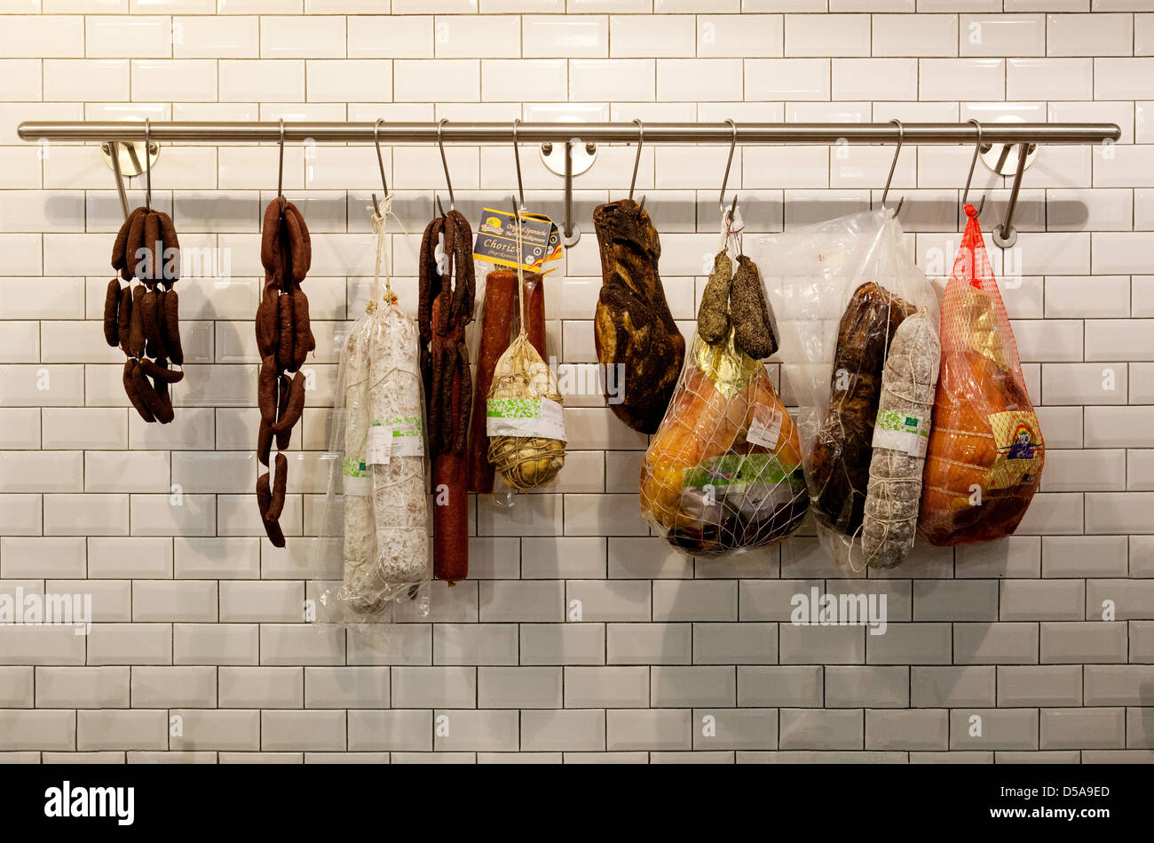 Berlin, Germany, sausage and meat products in organic supermarket