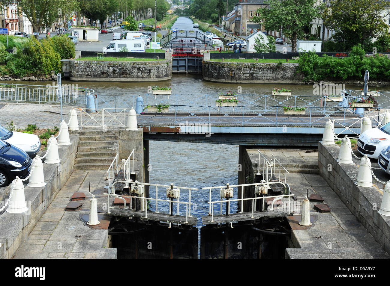 Locks connecting the Canal and Vilaine River in Redon in Brittany France Stock Photo