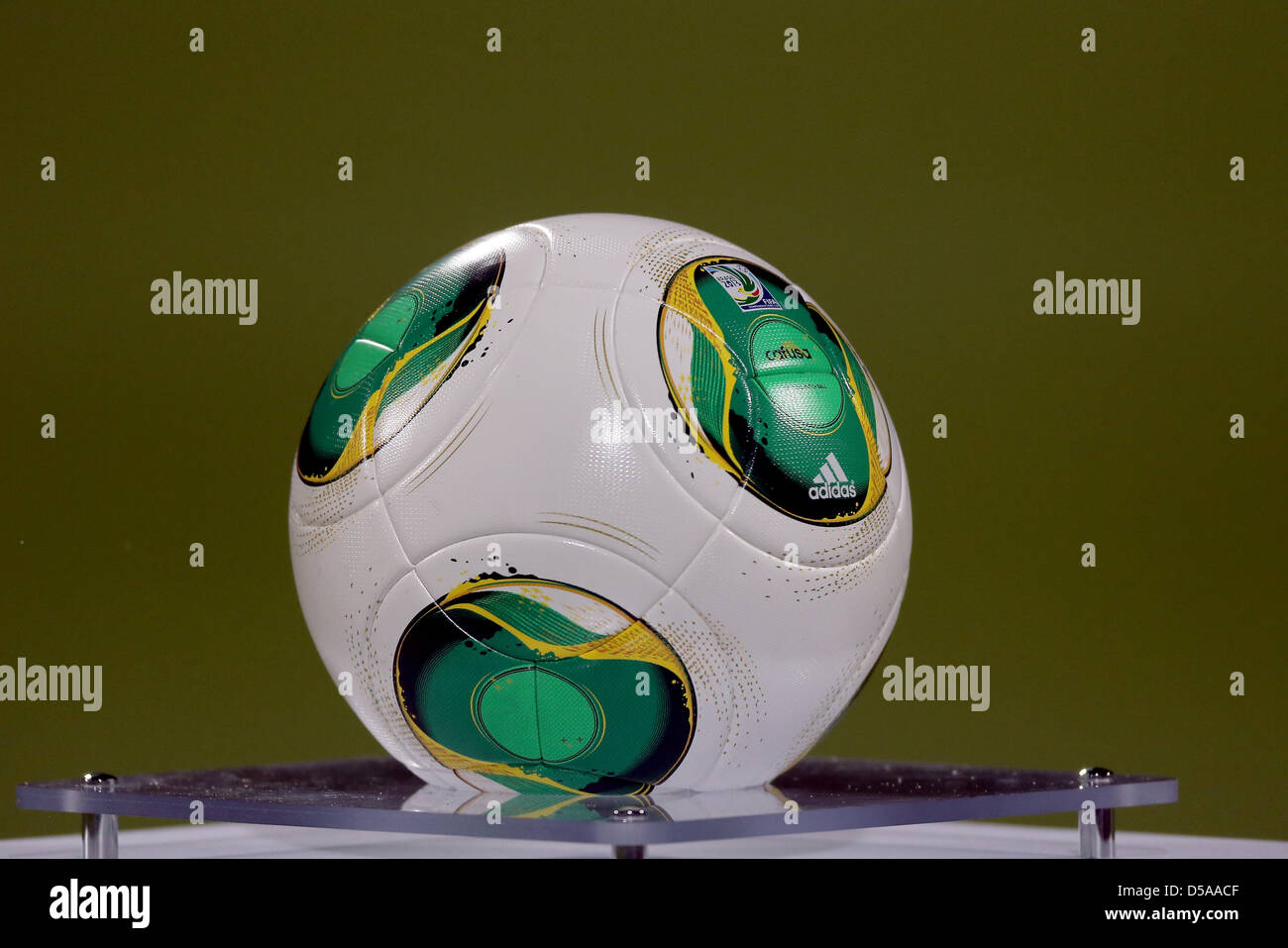 The match ball, named "Cafusa", designed for the football world  championships in Brasil 2014, is seen prior to the FIFA World Cup 2014  qualification group C soccer match between Germany and Kazakhstan