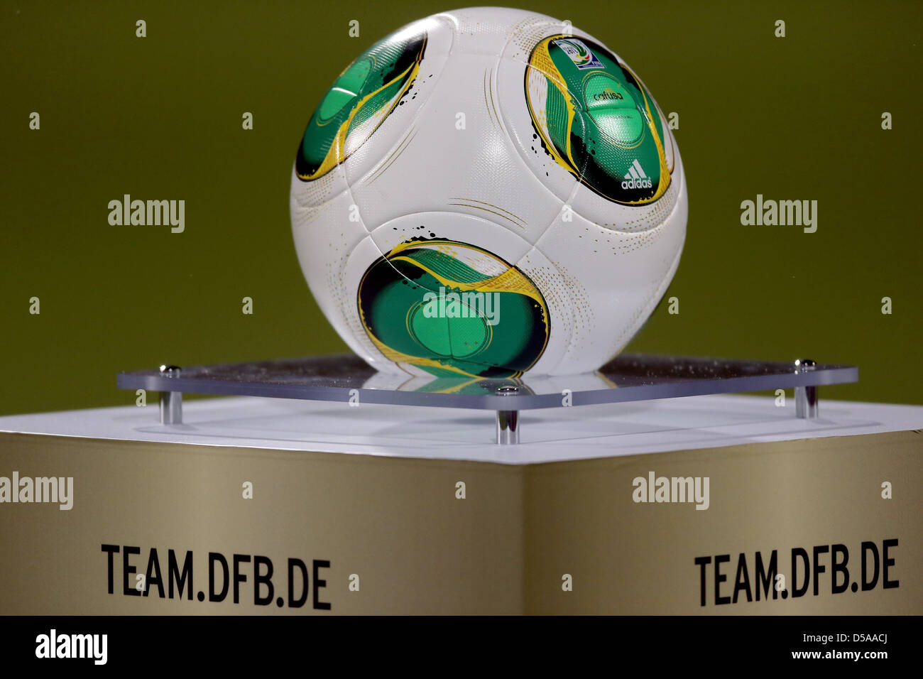 The match ball, named "Cafusa", designed for the football world  championships in Brasil 2014, is seen prior to the FIFA World Cup 2014  qualification group C soccer match between Germany and Kazakhstan