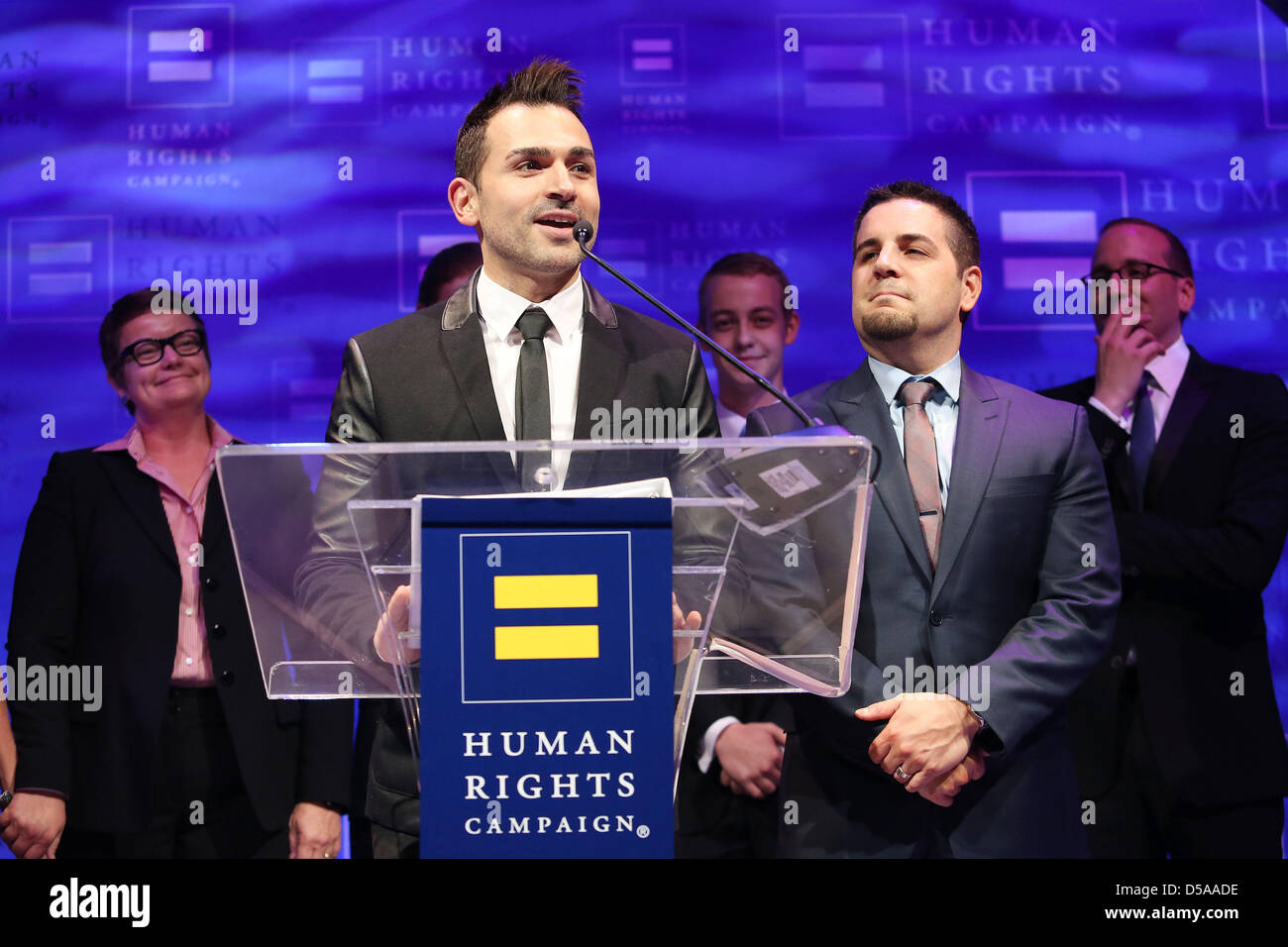 March 23, 2013 - Los Angeles, CA, USA - Prop. 8 Plaintiffs Paul Katami and Jeff Zarillo speak at the HRC Dinner Gala 2013 in Los Angeles, California. Photo by Krista Kennell (Credit Image: © Krista Kennell/ZUMAPRESS.com) Stock Photo