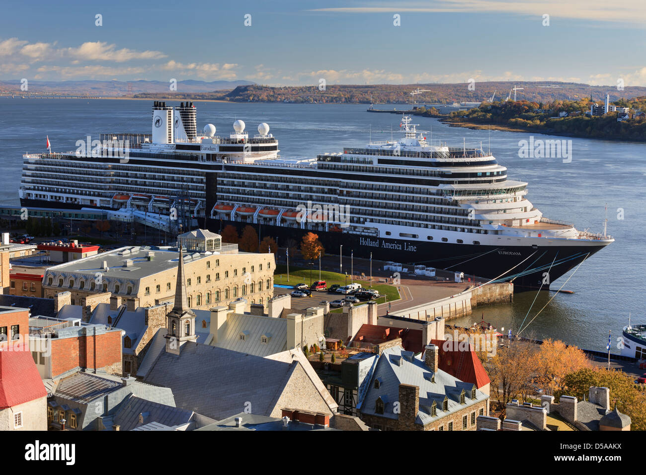 Cruise ship on the St. Lawrence River, docked in Old Quebec City, Quebec, Canada Stock Photo