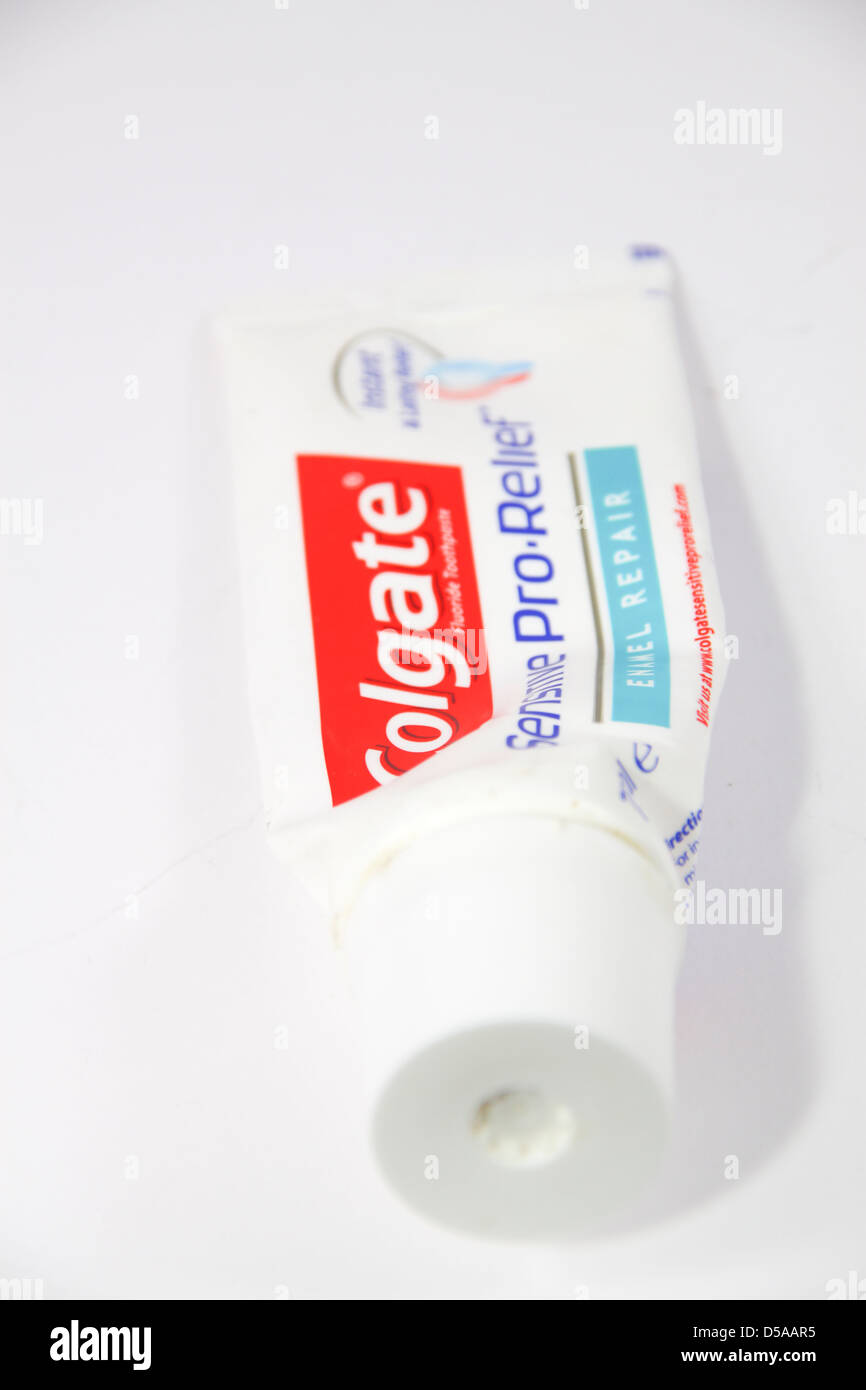 Used tube of Colgate sensitive pro relief toothpaste Stock Photo