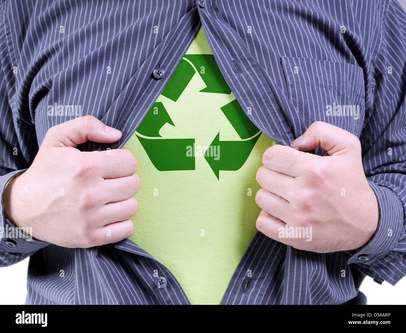 A man wearing shirt transforming into Eco superhero with green recycle