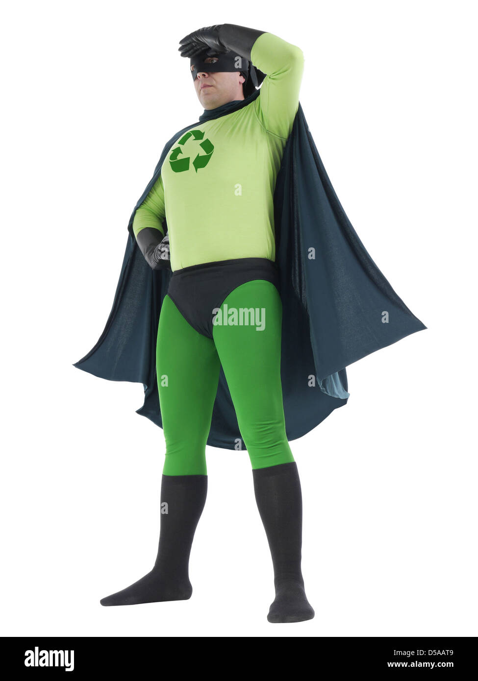 Eco superhero with green recycle arrow symbol on chest looking ahead standing over white background - recycle concept Stock Photo
