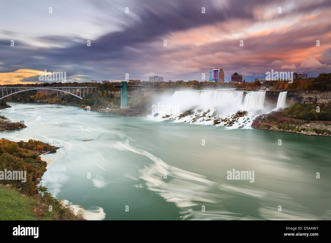 Niagara River with American Falls and Rainbow Bridge, Niagara Falls, New York, USA Stock Photo