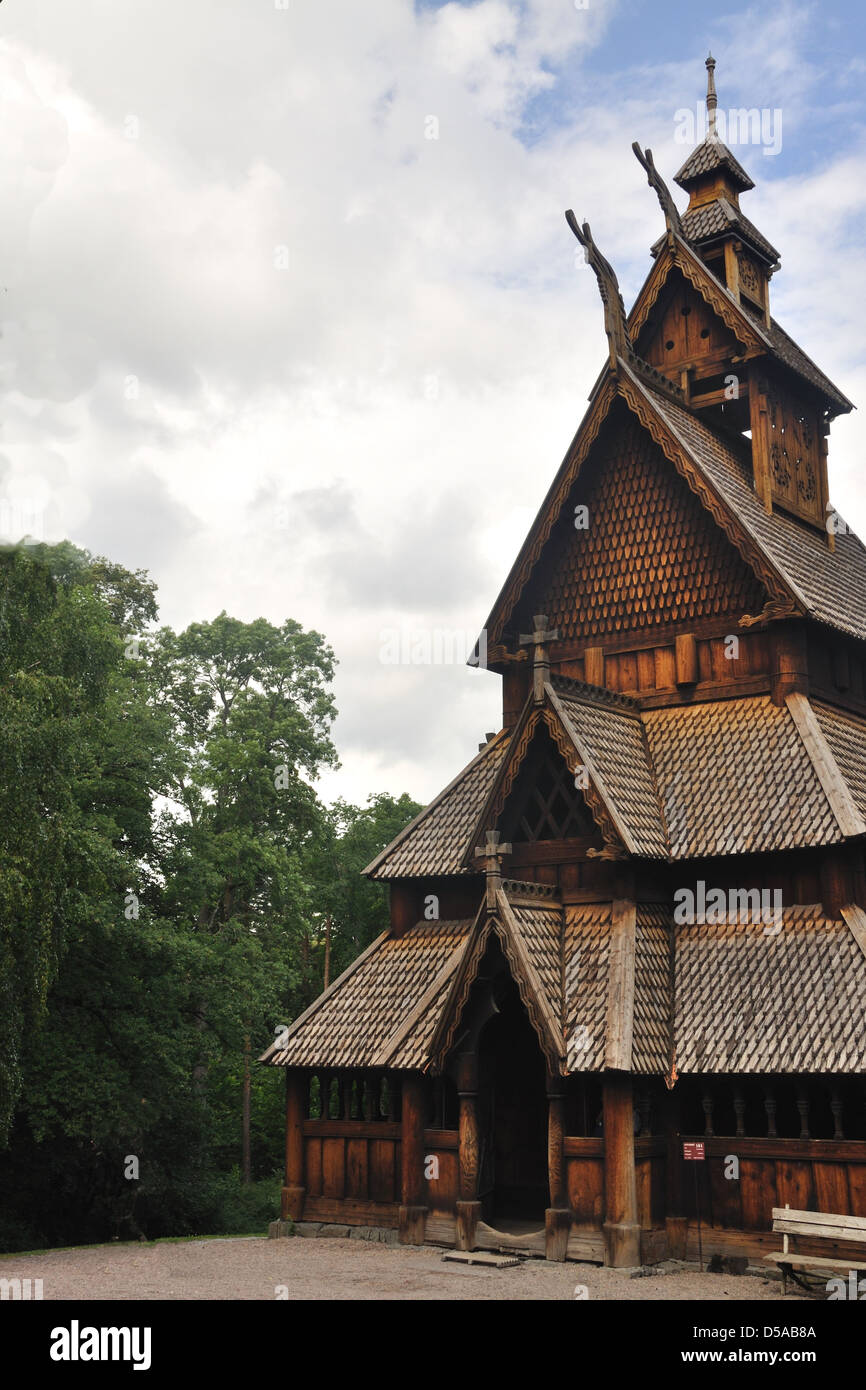 Gol stave church in Folks museum Oslo, old wooden church Stock Photo