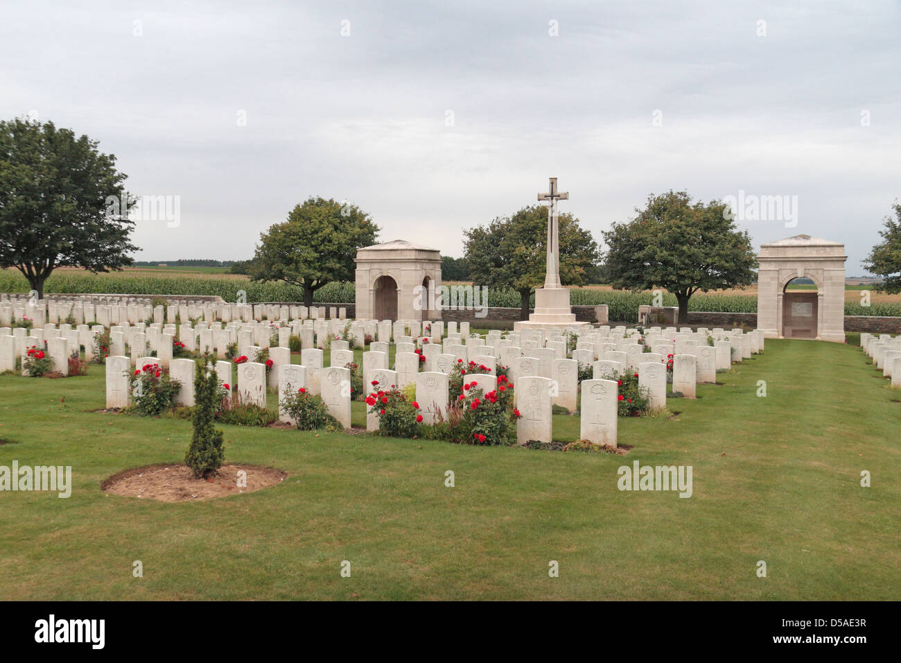 General view of graves and the Cross of Sacrifice in the CWGC Regina Trench Cemetery, Grandcourt, Somme, Picardy, France. Stock Photo