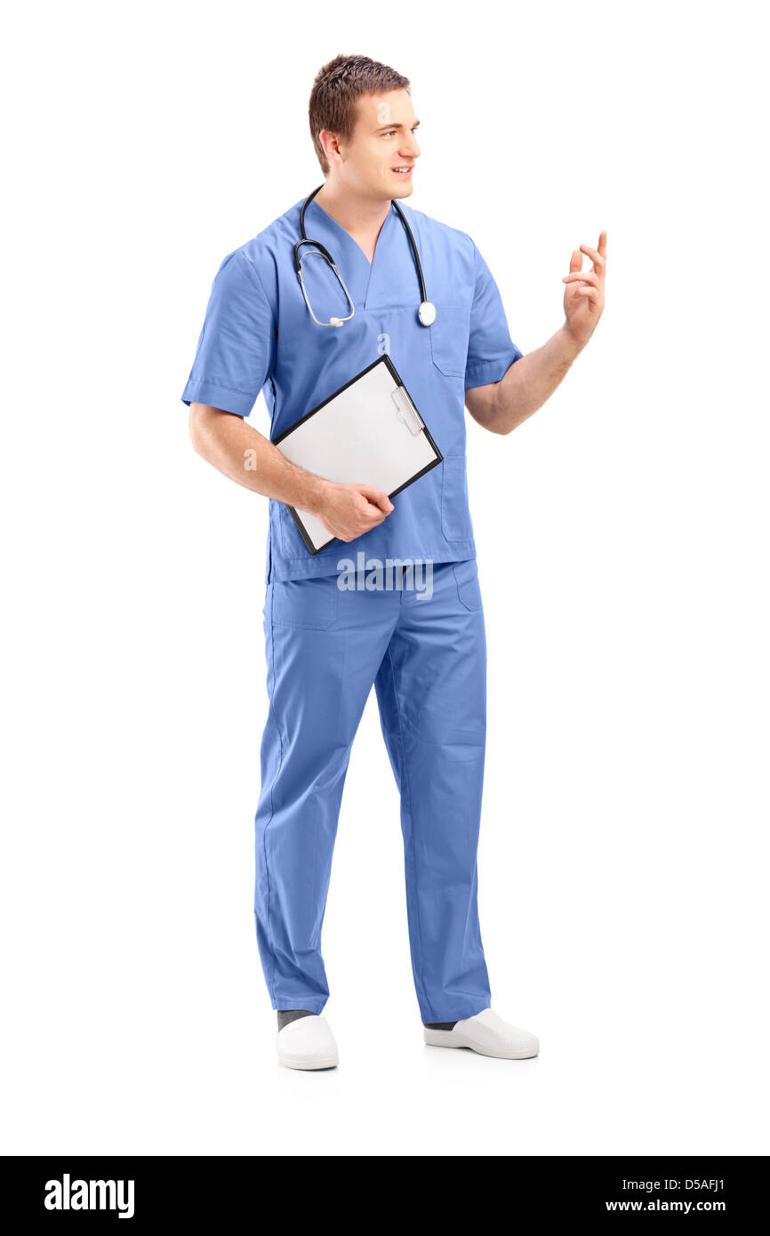Full length portrait of a male medical practitioner in a uniform, isolated on white background Stock Photo