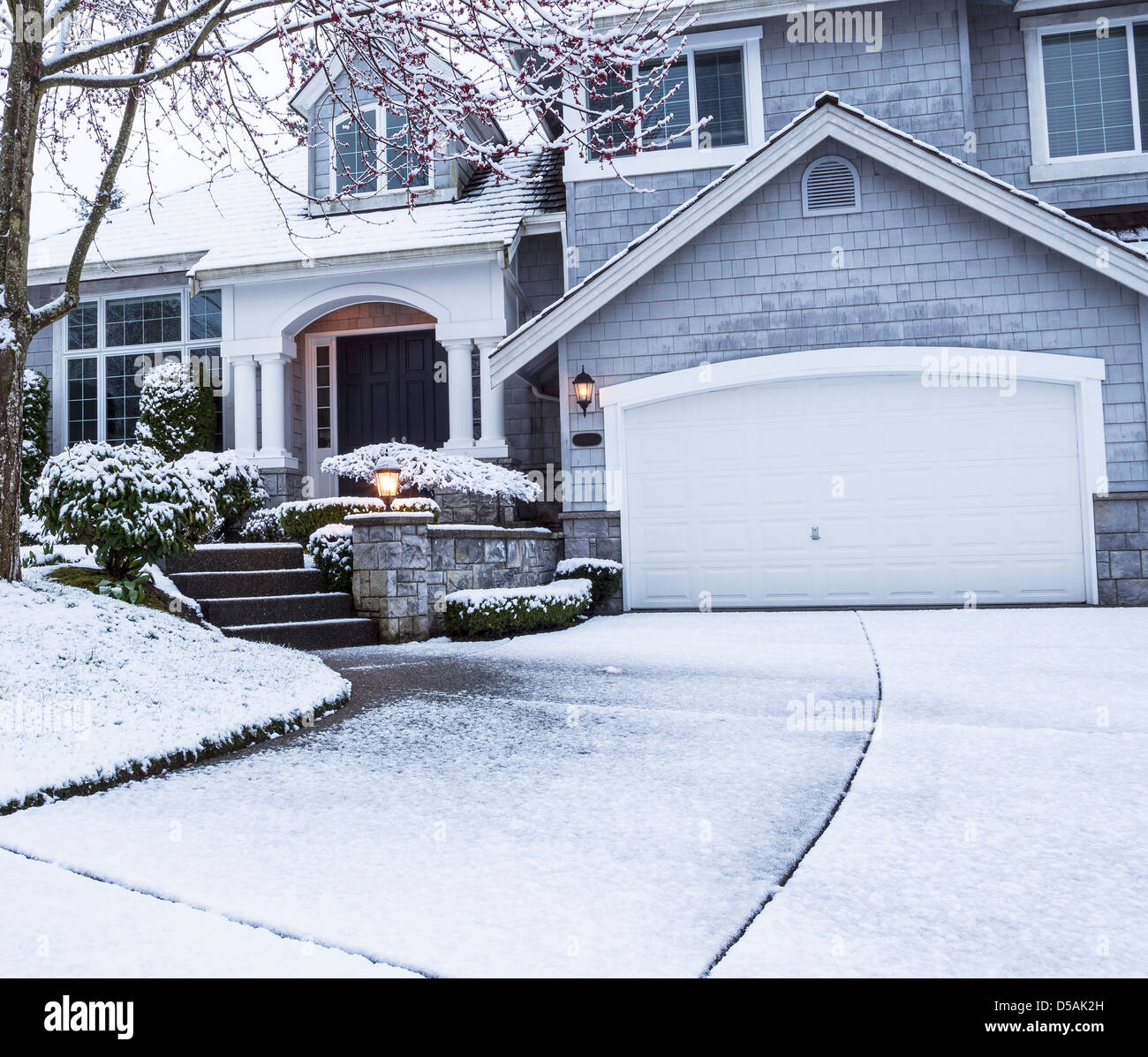 photo of suburban home with snow on drive way, lawn, plants, trees and roof Stock Photo