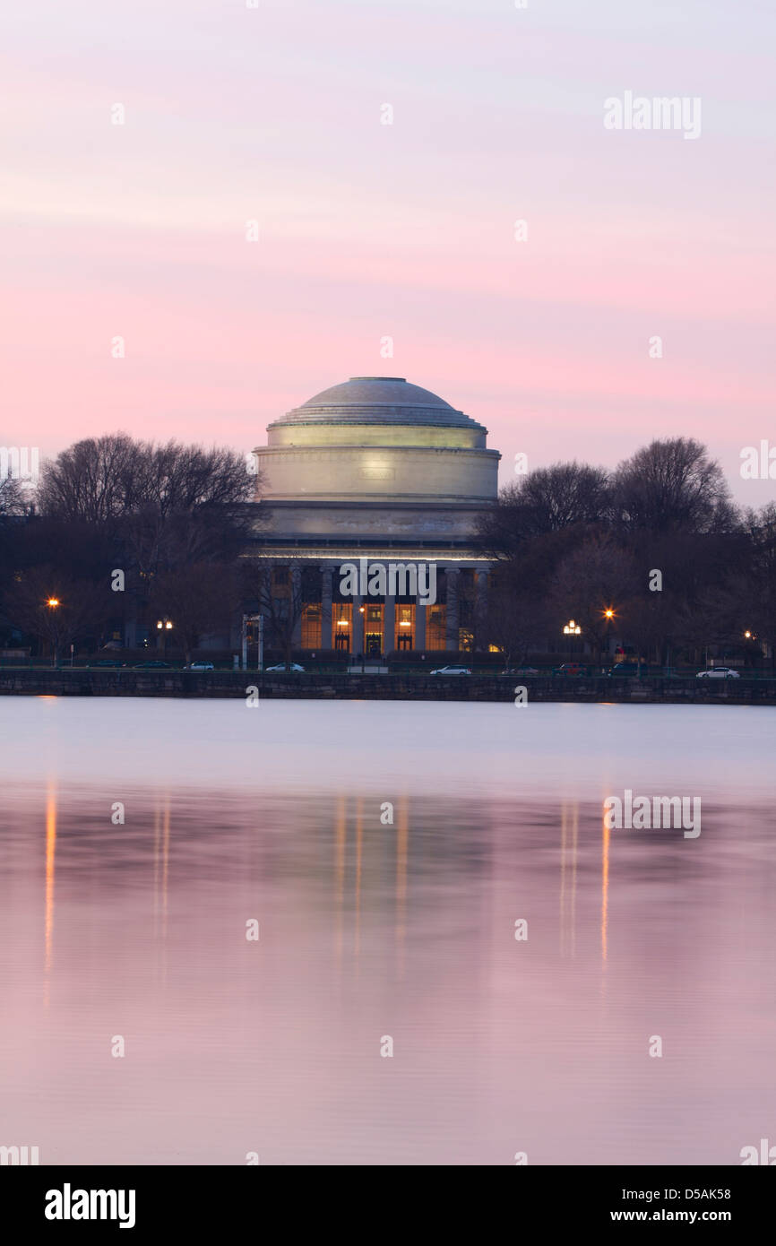 MIT Building 10 after sunset with Charles River in the foreground Stock Photo