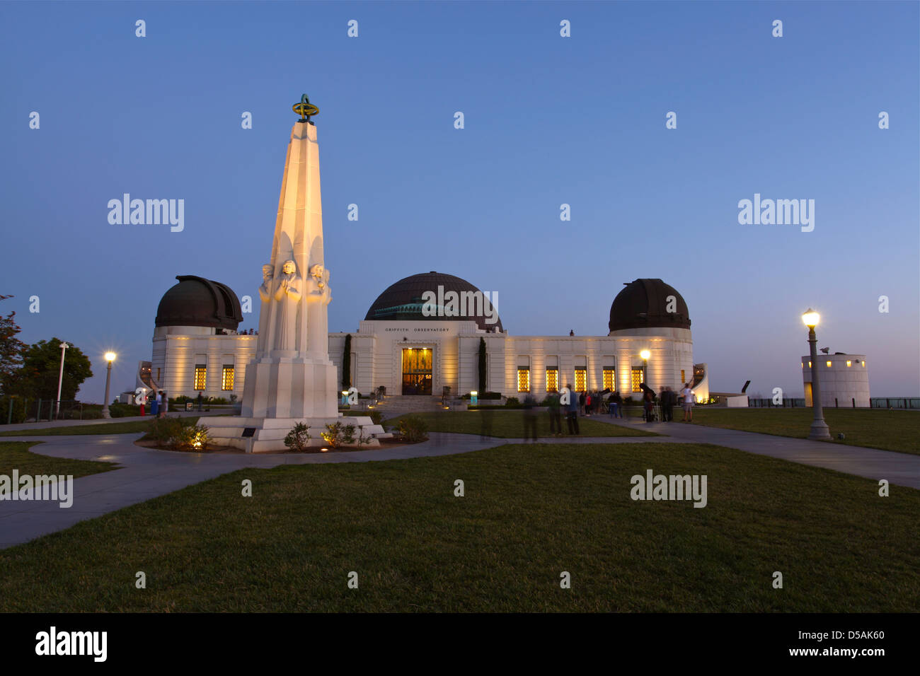 Griffith Observatory, monument, and lawn during blue hour Stock Photo