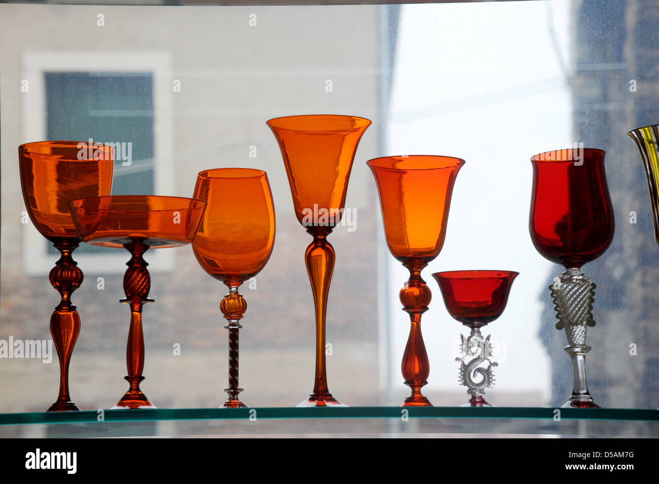 Murano Glass glasses for sale Ventian Island window display Stock Photo