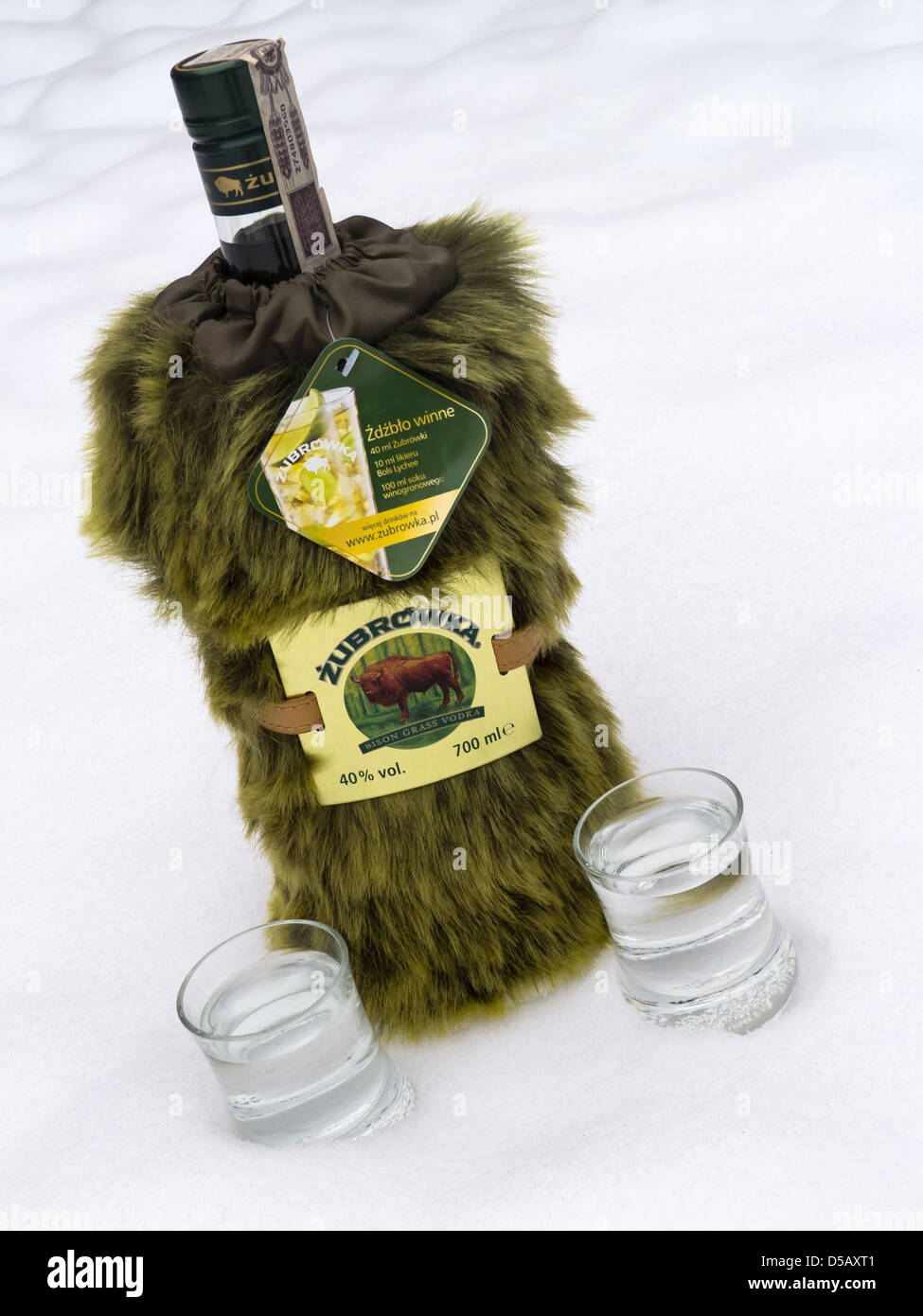 Zubrowka Bottle in Snow Stock Photo