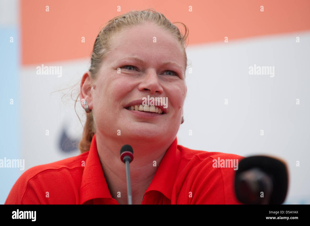 Germany's shot putter Nadine Kleinert laughs at a press conference of the German Athletics Association (DLV) near the stadium in Barcelona, Spain, 26 July 2010. Photo: Bernd Thissen Stock Photo