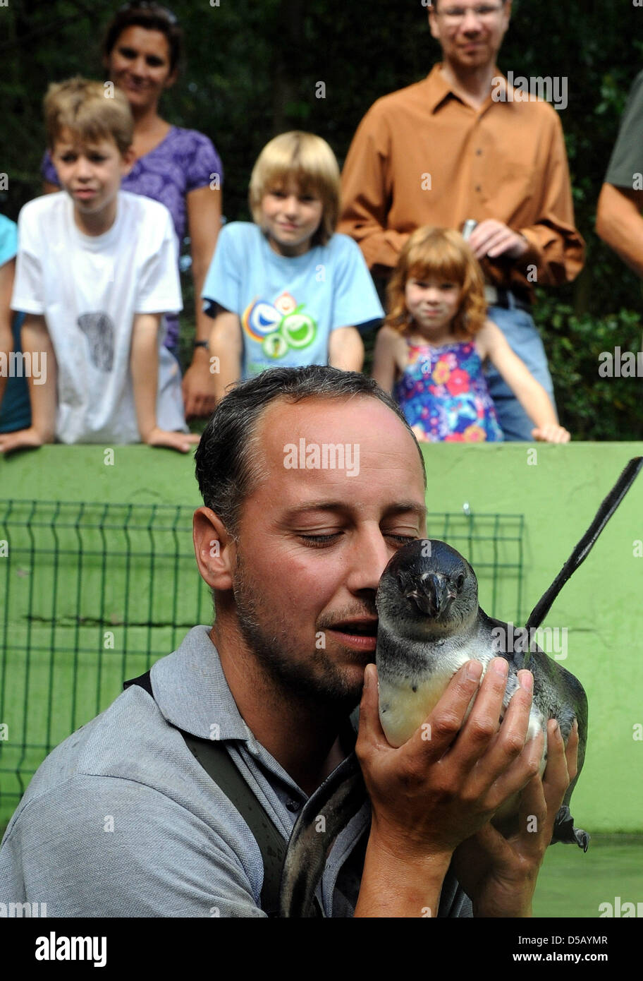 Zoo keeper Nils Popken accompanies one of five baby penguins into the