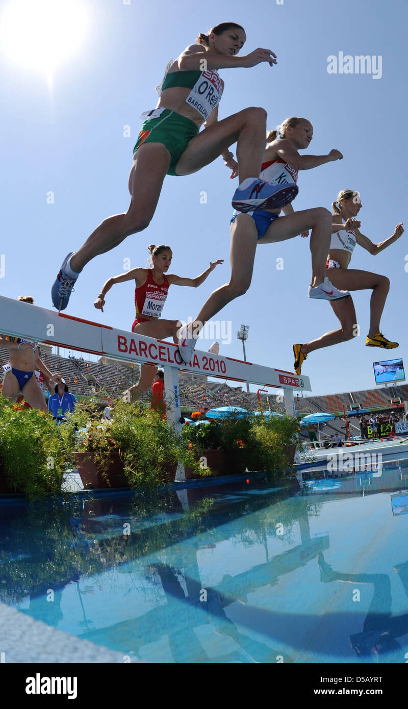 The picture features athletes as they take hurdles followed by a water