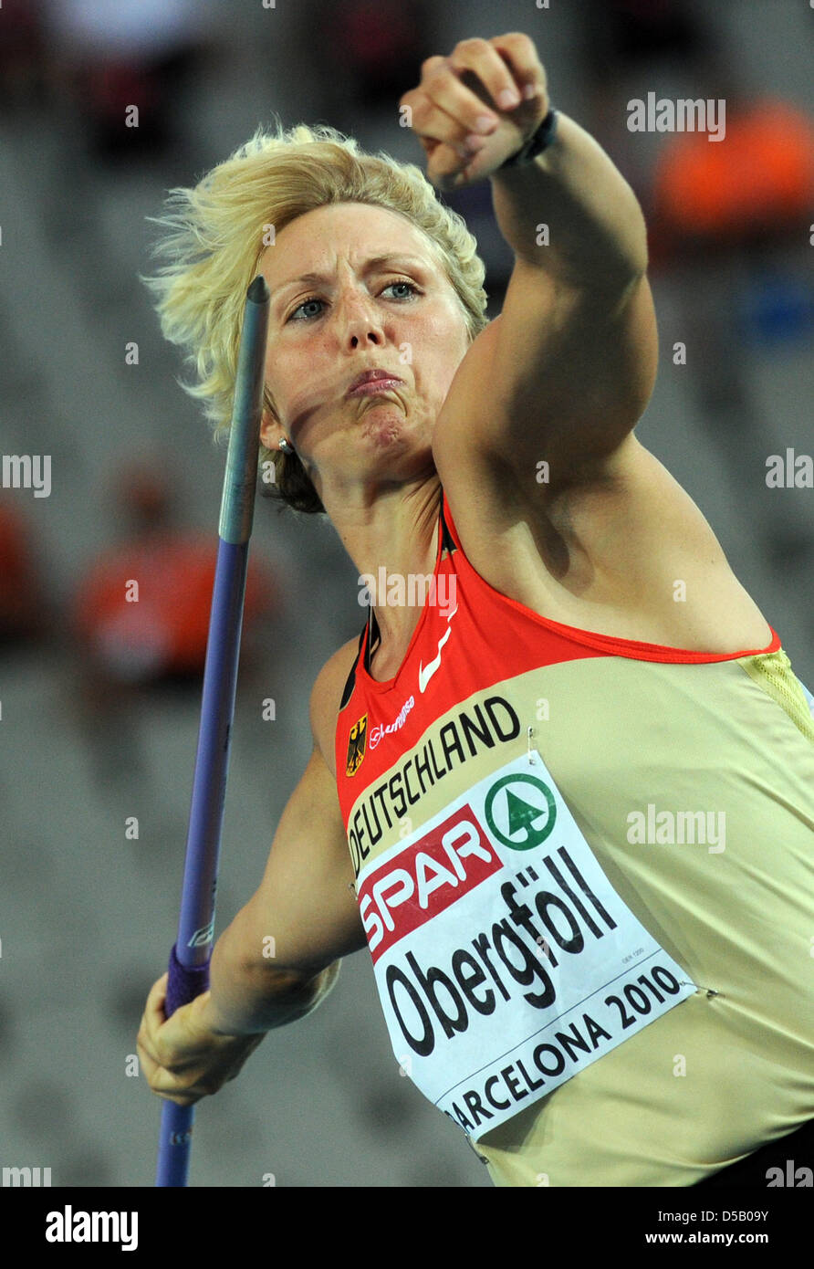 German javelin thrower Christina Obergföll throws a javelin at the Olympic stadium Lluis