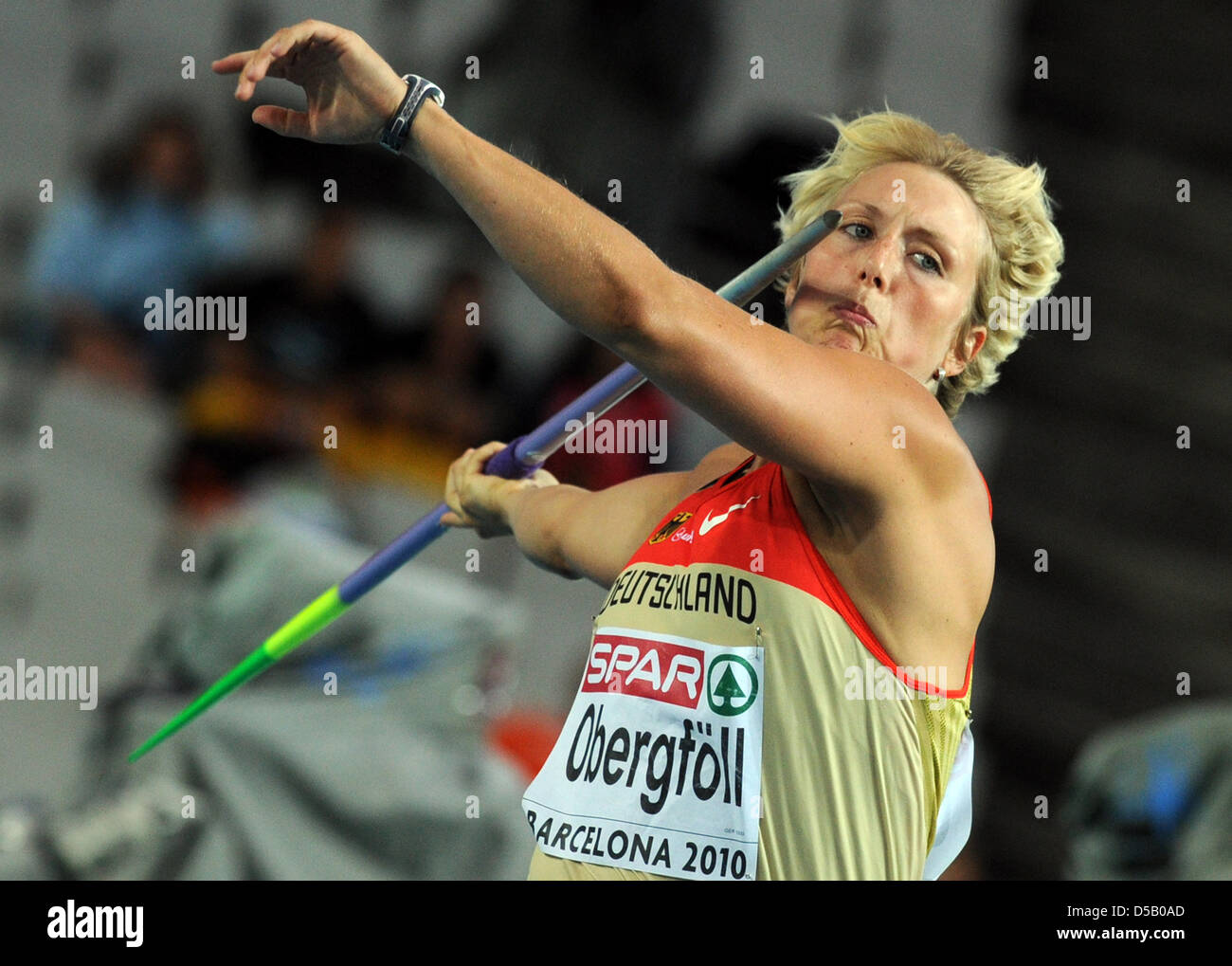 German javelin thrower Christina Obergföll throws her javelin at the
