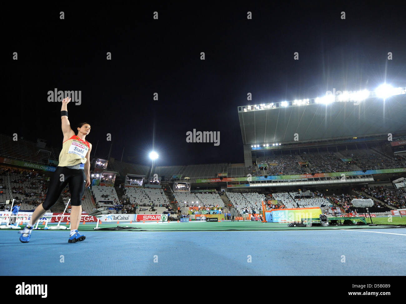 German javelin thrower Linda Stahl cheers after a throw at the Olympic stadium Lluis Companys during the European Athletics Championships in Barcelona, Spain, 29 July 2010. Photo: Rainer Jensen Stock Photo