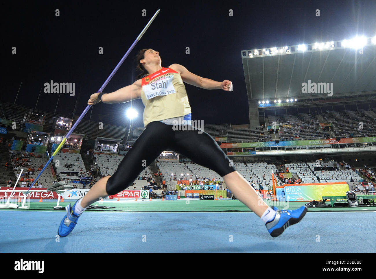 German javelin thrower Linda Stahl throws her javelin at the Olympic