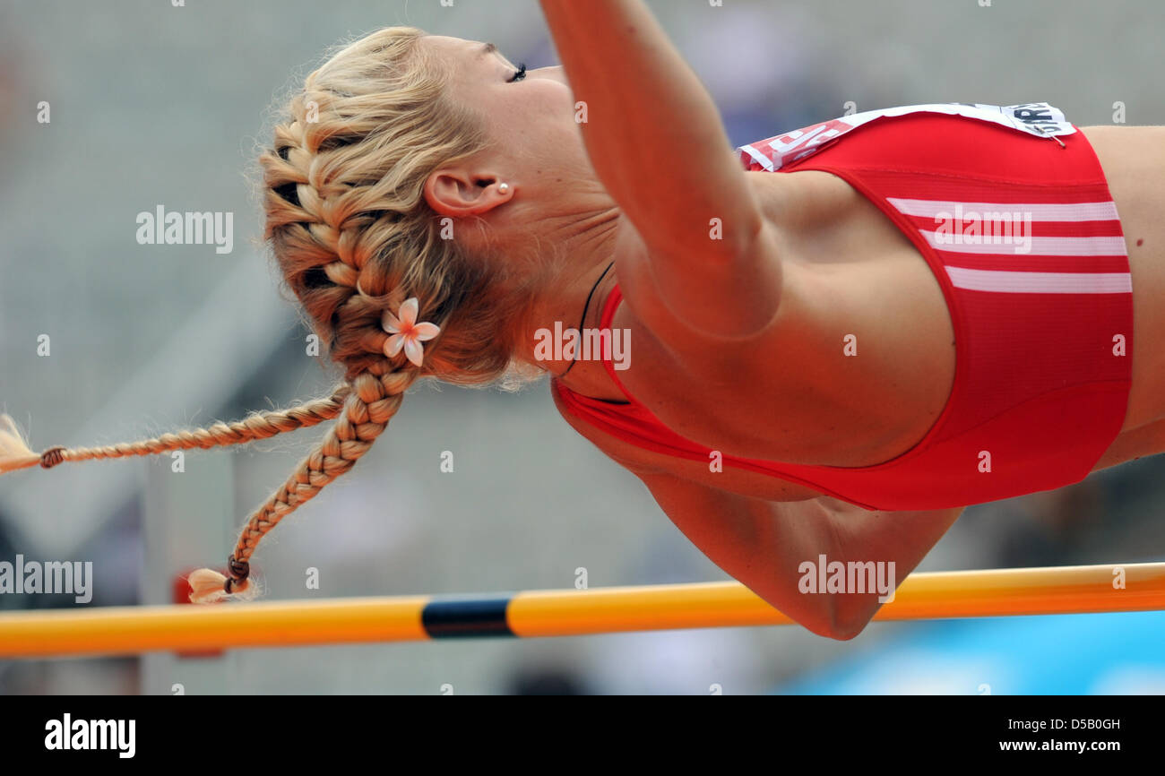 Swiss heptathlete Linda Zueblin jumps at the Olympic stadium Lluis