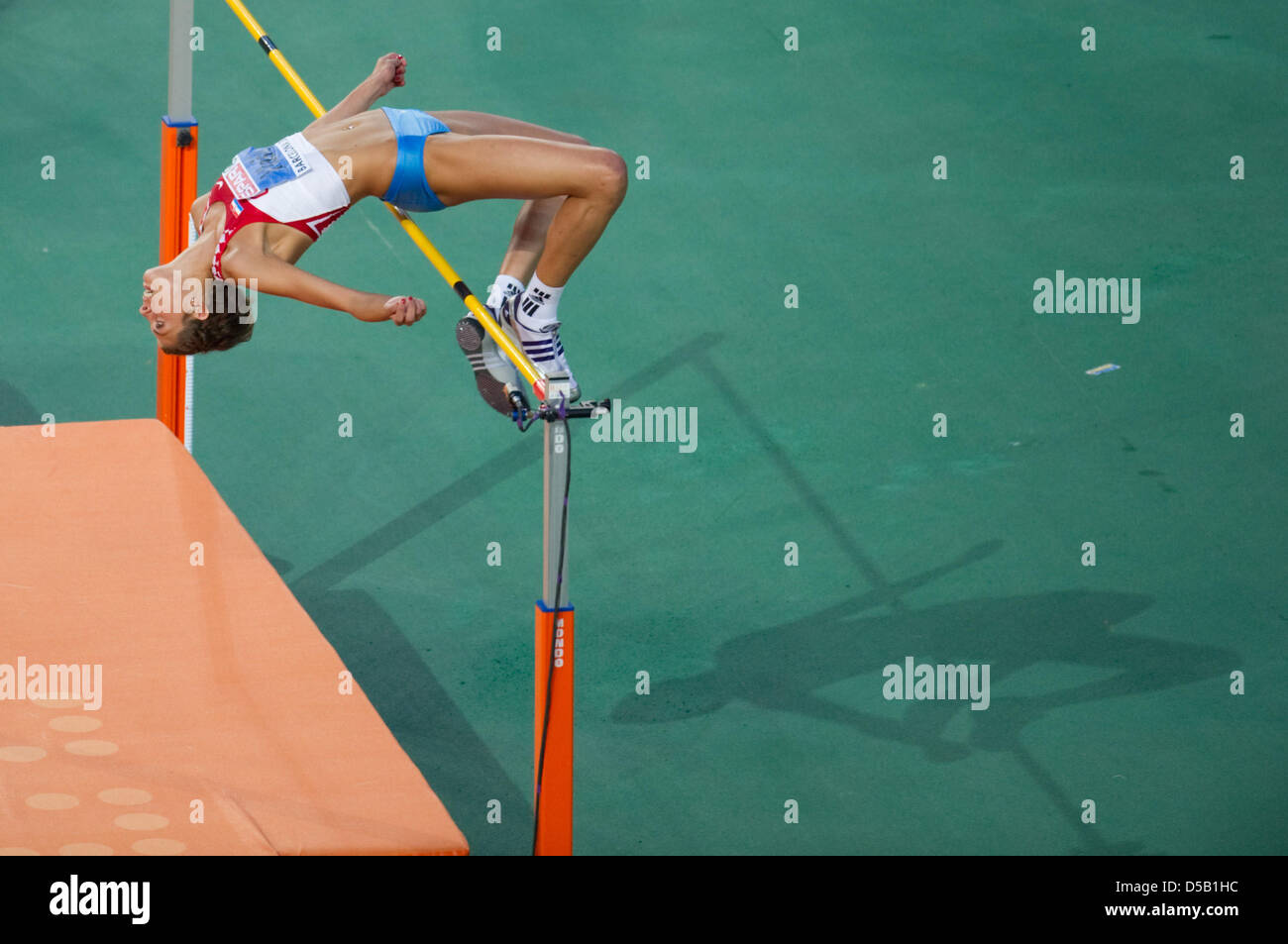 Croatian high jumper Blanka Vlasic clears the bar in the women's high jump competition at the European Athletics Championships in Barcelona, Spain, 01 August 2010. Vlasic won the gold medal. Photo: Bernd Thissen; Stock Photo