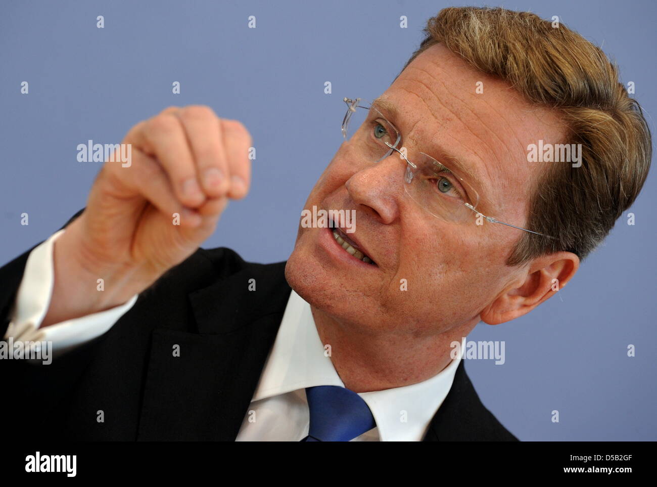German Foreign Minister and vice Chancellor Guido Westerwelle (FDP) attends a question and answer session at the Federal Press Conference in Berlin, Germany, 4 August 2010. The chairman of the FDP gave an interim result of the the governmental policy. Photo: Tim Brakemeier Stock Photo