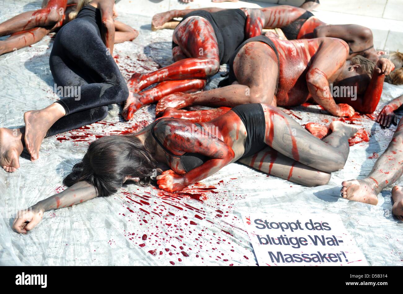 Coloured and coverd with fake blood, Peta-activists lie in front of the Danish embassy in Berlin, Germany, 5 August 2010. Painted as long-finned pilot whales, activists of the animal rights organisation PETA Germany demonstrate against the sloughter of long-finned pilot wales on the Faeroer Islands. Photo: Rainer Jensen Stock Photo