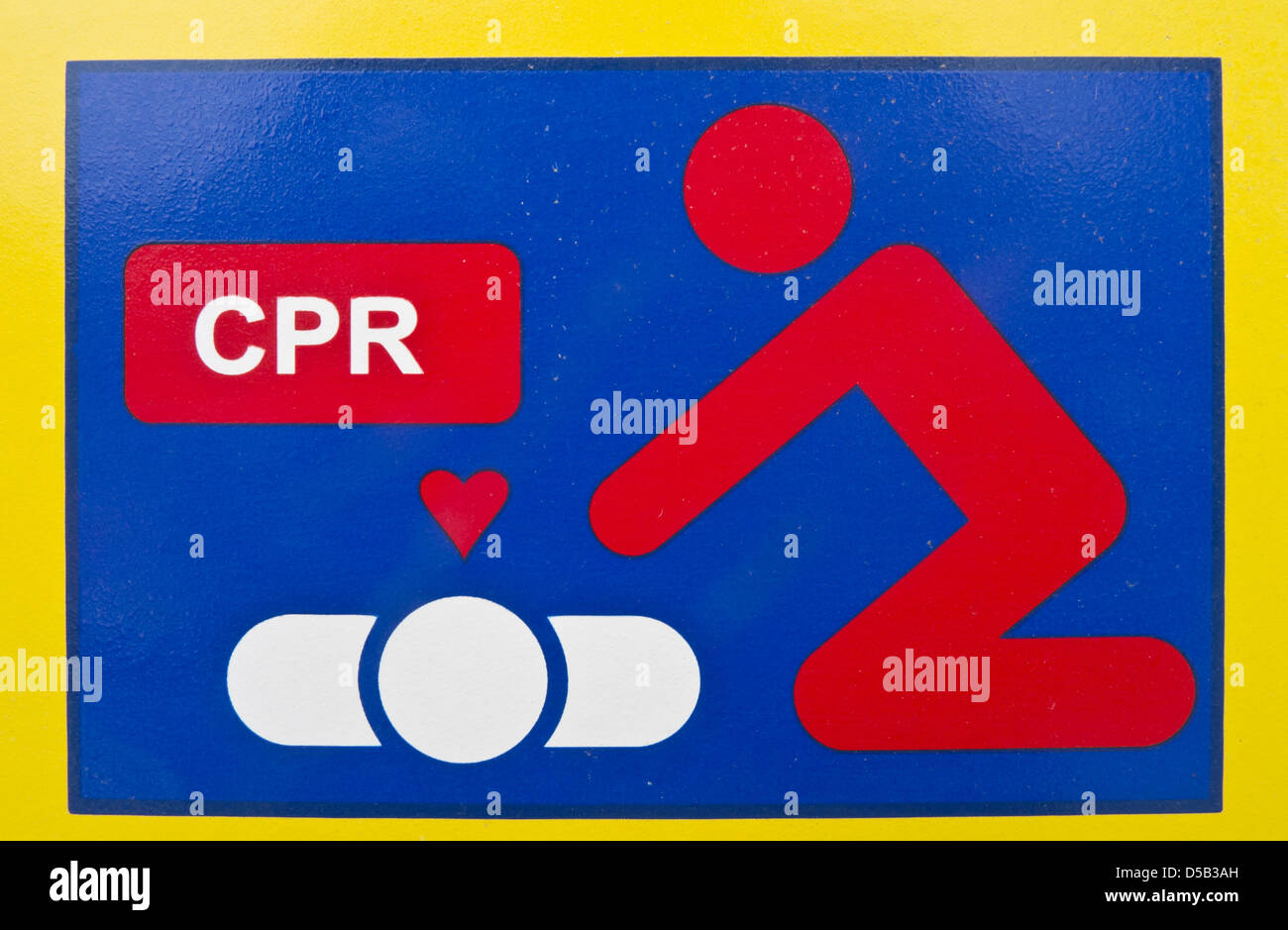 CPR symbolic diagram on automatic external defibrillator machine on an English street. Stock Photo